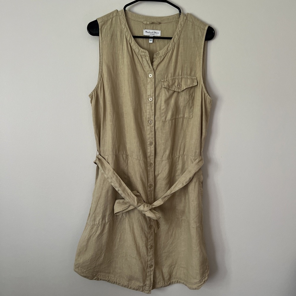 Michael Stars Khaki 100% Linen Sleeveless Button Front Safari Shirt Dress Sz L